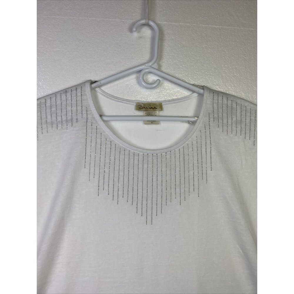 Davina Womens Blouse‎ Top 1X White Rhinestones Stretch Cap sleeve Chic Career